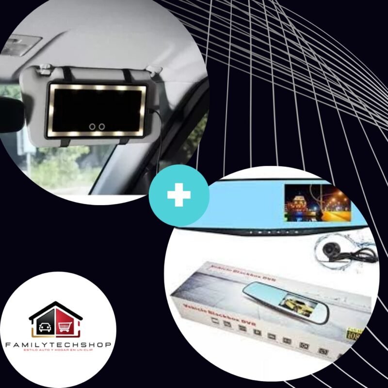 Kit de Accesorios Automotivos - Espejo de Visera LED Recargable + Retrovisor Dash Cam 1080p